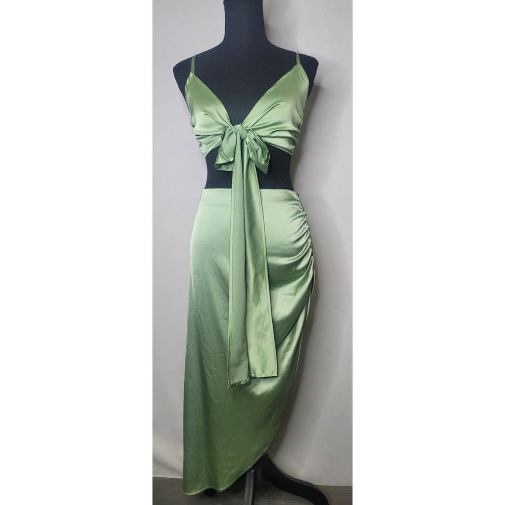 Cider Green Satin Two Piece Set Convertible Multiway Tie Top Asymmetrical Skirt